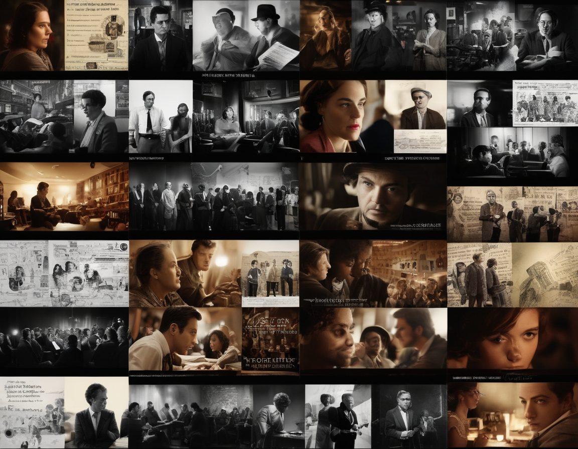 A collage of diverse film scenes with a focus on independent films and documentaries, featuring a film critic deep in thought, scribbling notes in a dimly lit theater. Show iconic scenes of various cultures and powerful storytelling moments in the background, with a vintage film projector casting light and shadows. Artistic elements like film reels and awards scattered around to enhance the theme of film criticism. vibrant colors. 3D effect.