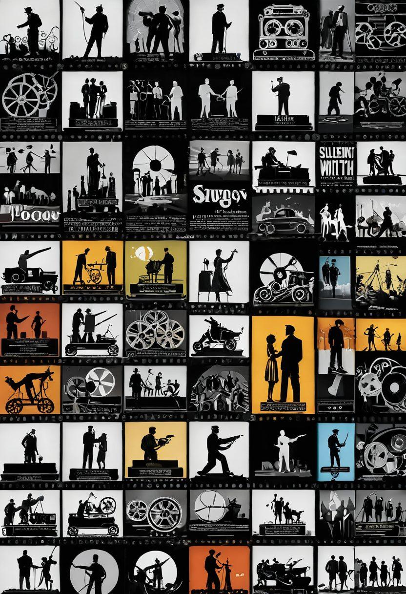 A dynamic collage illustrating the evolution of film storytelling, featuring iconic scenes from different film eras, such as silent films, classic Hollywood, and modern digital cinema. Include elements like vintage film reels, a clapperboard, and characters in diverse genres. The background should blend from black and white to vibrant colors, symbolizing the transition through time in filmmaking. cinematic. vibrant colors. super-realistic.