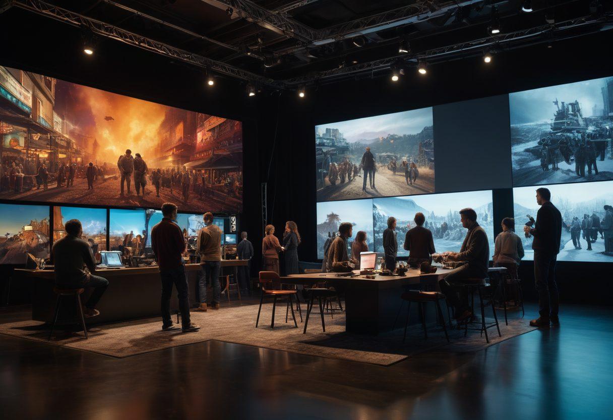 A dynamic film set bustling with activity, featuring a diverse group of filmmakers discussing storyboards amid camera equipment and lights. In the background, a large screen displays iconic cinematic scenes blending classic and contemporary styles. The atmosphere is vibrant, filled with creativity and passion for storytelling. The scene showcases a mix of people from different cultures, emphasizing collaboration in film. cinematic style. vibrant colors. 3D.